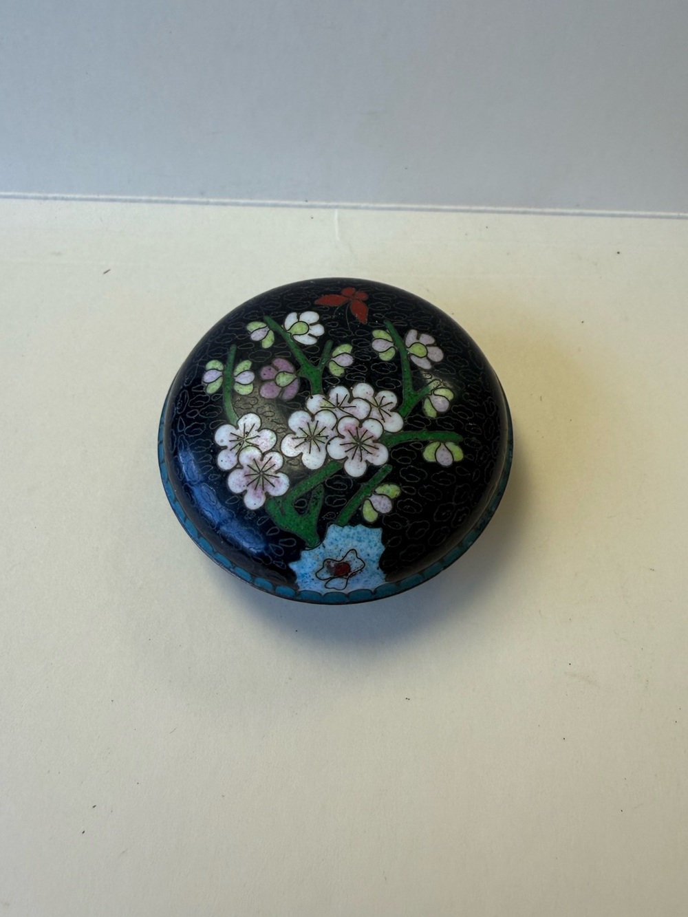 Vintage Round Black Floral with Butterfly  Cloisonné Trinket Box.